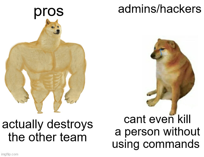 Buff Doge vs. Cheems Meme |  pros; admins/hackers; cant even kill a person without using commands; actually destroys the other team | image tagged in memes,buff doge vs cheems | made w/ Imgflip meme maker