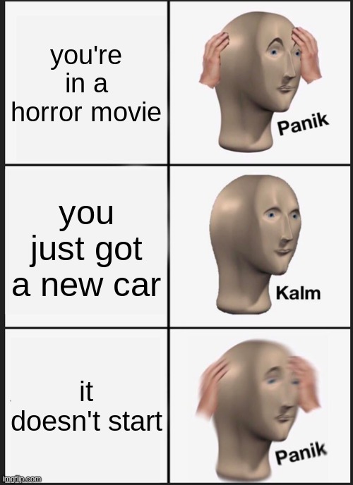 well, we're f*cked | you're in a horror movie; you just got a new car; it doesn't start | image tagged in memes,panik kalm panik,funny,horror movie,car | made w/ Imgflip meme maker