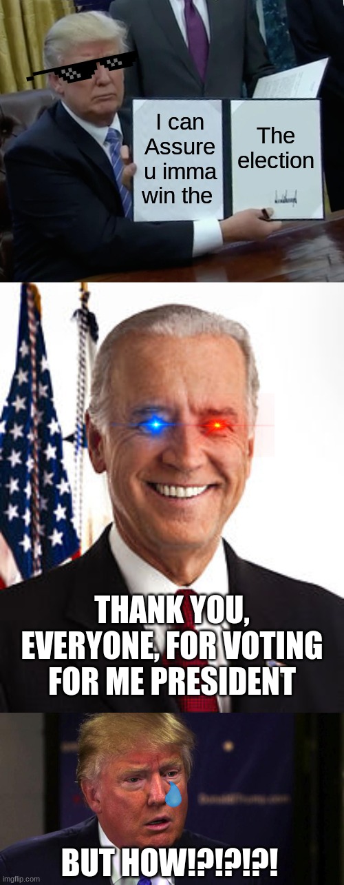 Srry Trump | I can Assure u imma win the; The election; THANK YOU, EVERYONE, FOR VOTING FOR ME PRESIDENT; BUT HOW!?!?!?! | image tagged in memes,trump bill signing,joe biden,sad trump,krama,political meme | made w/ Imgflip meme maker