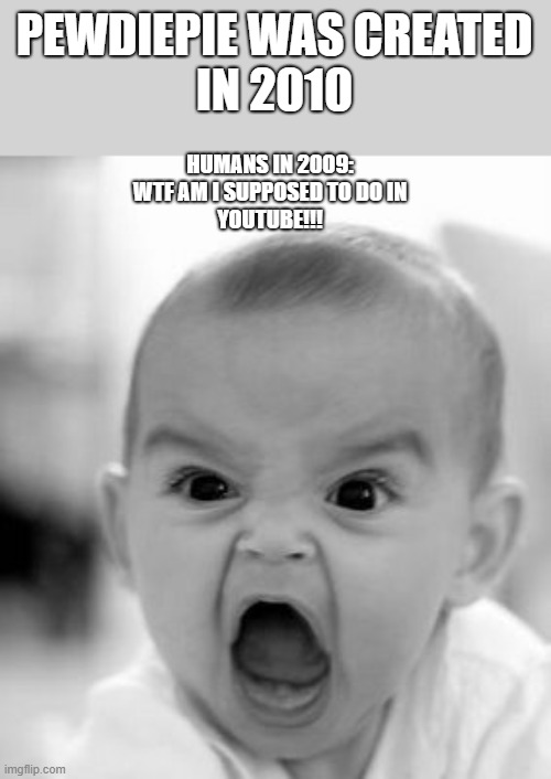 Angry Baby Meme | PEWDIEPIE WAS CREATED
IN 2010; HUMANS IN 2009:
WTF AM I SUPPOSED TO DO IN
YOUTUBE!!! | image tagged in memes,angry baby | made w/ Imgflip meme maker