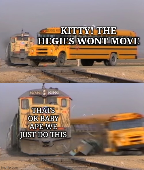 A train hitting a school bus | KITTY! THE HEGIES WONT MOVE; THATS OK BABY APE WE JUST DO THIS | image tagged in a train hitting a school bus | made w/ Imgflip meme maker