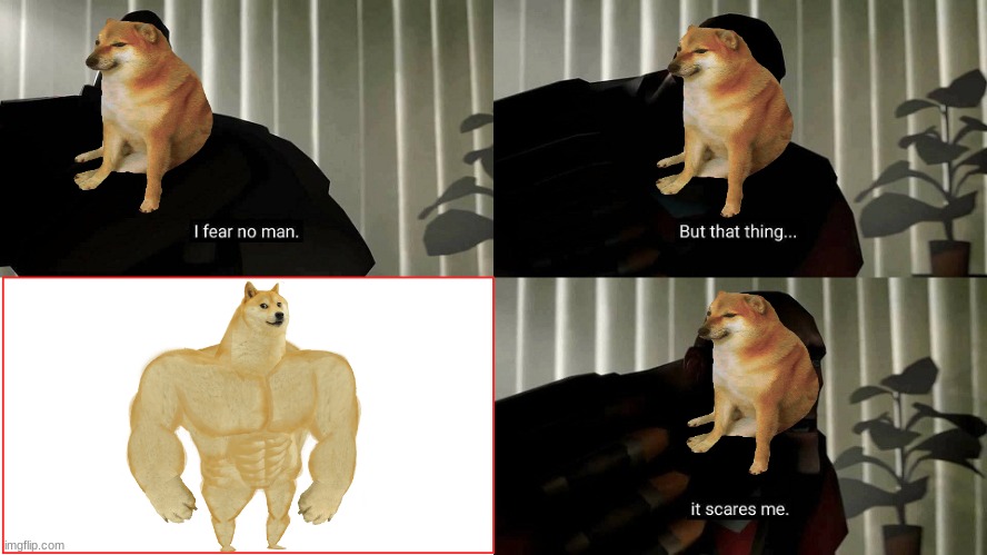 Poor cheems | image tagged in tf2 heavy i fear no man,memes,buff doge vs cheems,funny | made w/ Imgflip meme maker