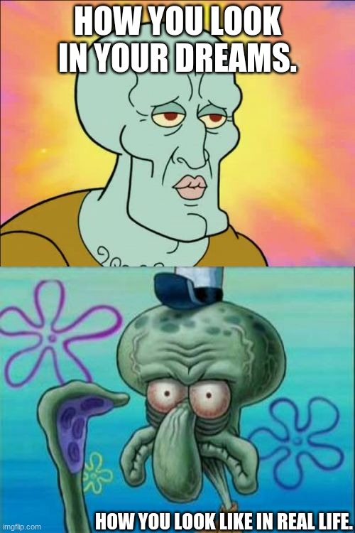 Squidward | HOW YOU LOOK IN YOUR DREAMS. HOW YOU LOOK LIKE IN REAL LIFE. | image tagged in memes,squidward | made w/ Imgflip meme maker