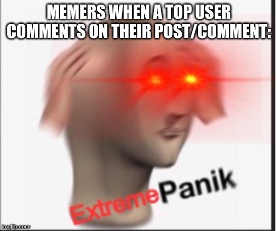 True Story | MEMERS WHEN A TOP USER COMMENTS ON THEIR POST/COMMENT: | image tagged in extreme panik,true story | made w/ Imgflip meme maker