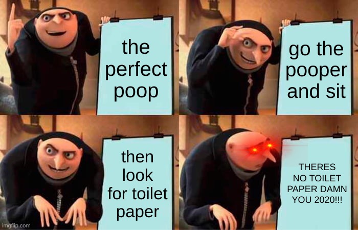 Gru's Plan Meme | the perfect poop; go the pooper and sit; then look for toilet paper; THERES NO TOILET PAPER DAMN YOU 2020!!! | image tagged in memes,gru's plan | made w/ Imgflip meme maker