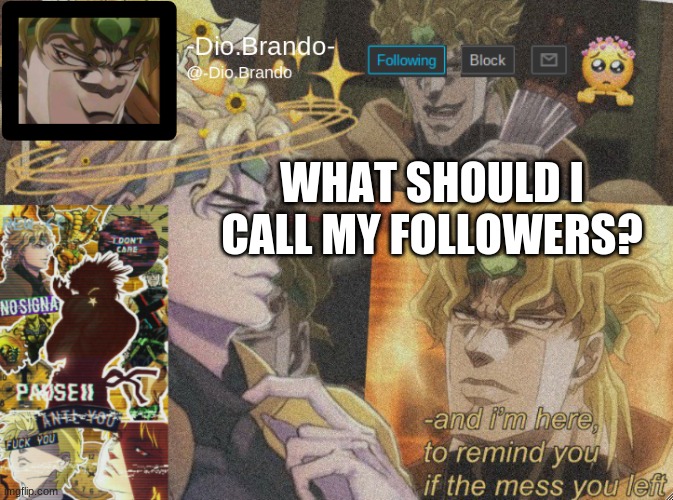 ? | WHAT SHOULD I CALL MY FOLLOWERS? | image tagged in dio temp 2 | made w/ Imgflip meme maker