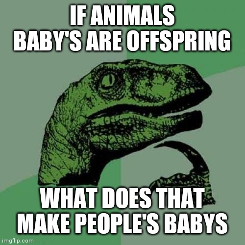 Philosoraptor Meme | IF ANIMALS BABY'S ARE OFFSPRING; WHAT DOES THAT MAKE PEOPLE'S BABYS | image tagged in memes,philosoraptor | made w/ Imgflip meme maker