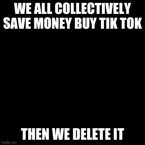 new plan |  WE ALL COLLECTIVELY SAVE MONEY BUY TIK TOK; THEN WE DELETE IT | image tagged in memes,blank transparent square | made w/ Imgflip meme maker