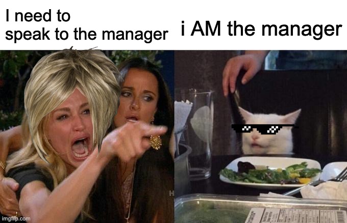 Woman Yelling At Cat Meme | I need to speak to the manager; i AM the manager | image tagged in memes,woman yelling at cat | made w/ Imgflip meme maker