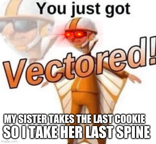 You just got vectored | SO I TAKE HER LAST SPINE; MY SISTER TAKES THE LAST COOKIE | image tagged in you just got vectored | made w/ Imgflip meme maker