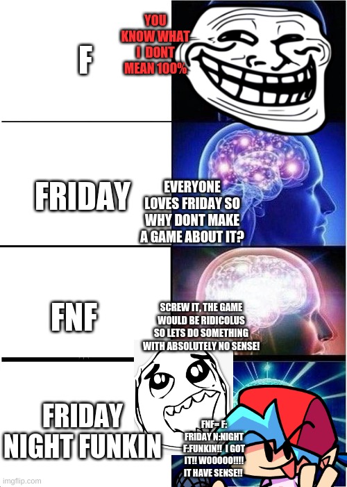 How fnf was made: | YOU KNOW WHAT I  DONT MEAN 100%; F; FRIDAY; EVERYONE LOVES FRIDAY SO WHY DONT MAKE A GAME ABOUT IT? FNF; SCREW IT, THE GAME WOULD BE RIDICOLUS SO LETS DO SOMETHING WITH ABSOLUTELY NO SENSE! FRIDAY NIGHT FUNKIN; FNF= F: FRIDAY N:NIGHT F:FUNKIN!!  I GOT IT!! WOOOOO!!!! IT HAVE SENSE!! | image tagged in memes,expanding brain,how friday night funkin was made | made w/ Imgflip meme maker