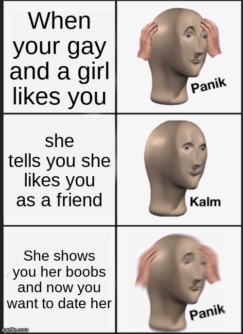Panik Kalm Panik Meme | When your gay and a girl likes you; she tells you she likes you as a friend; She shows you her boobs and now you want to date her | image tagged in memes,panik kalm panik | made w/ Imgflip meme maker