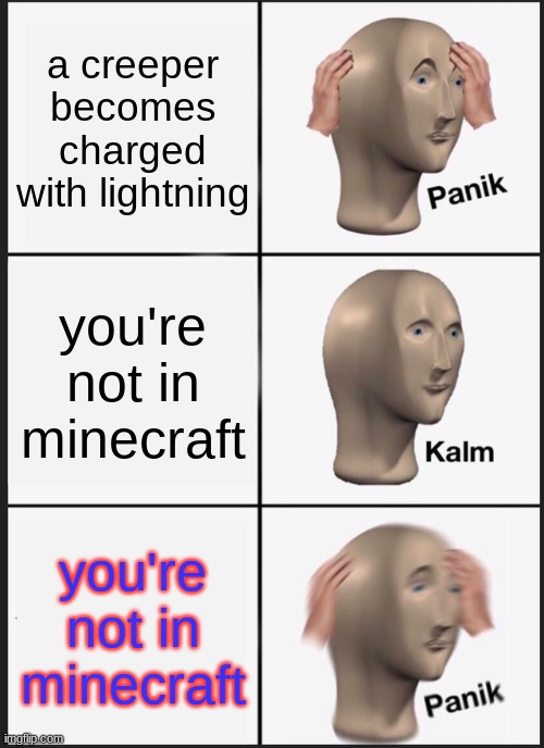 um well frick | a creeper becomes charged with lightning; you're not in minecraft; you're not in minecraft | image tagged in memes,panik kalm panik,minecraft | made w/ Imgflip meme maker