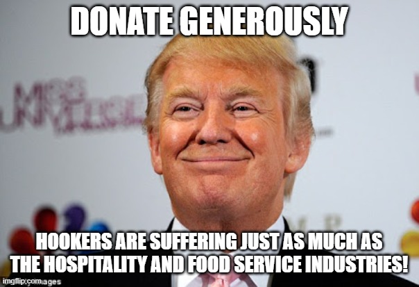 Donald trump approves | DONATE GENEROUSLY HOOKERS ARE SUFFERING JUST AS MUCH AS THE HOSPITALITY AND FOOD SERVICE INDUSTRIES! | image tagged in donald trump approves | made w/ Imgflip meme maker