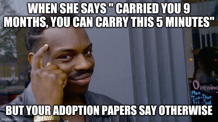 Sad | WHEN SHE SAYS " CARRIED YOU 9 MONTHS, YOU CAN CARRY THIS 5 MINUTES"; BUT YOUR ADOPTION PAPERS SAY OTHERWISE | image tagged in memes,roll safe think about it | made w/ Imgflip meme maker