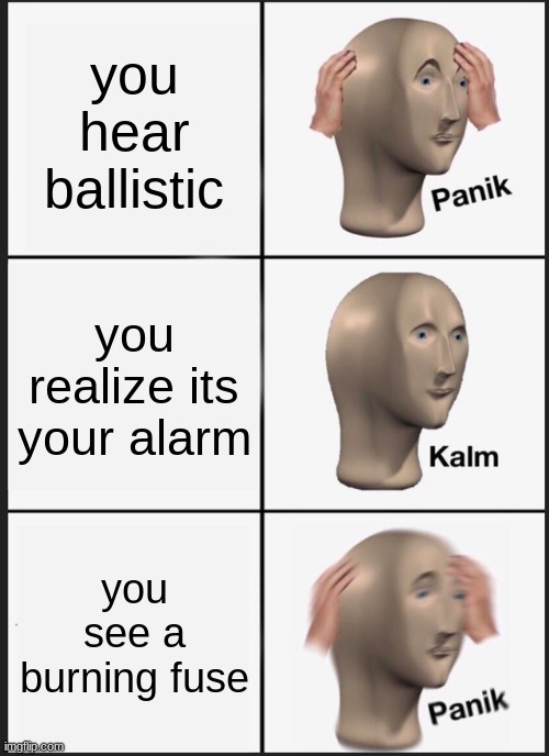 hahaha fnf meme go posssst | you hear ballistic; you realize its your alarm; you see a burning fuse | image tagged in memes,panik kalm panik | made w/ Imgflip meme maker