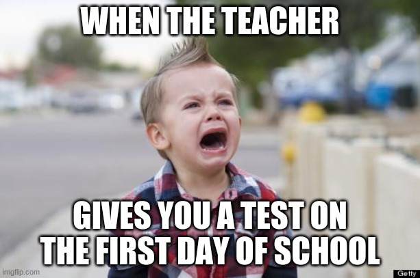 Crying kid | WHEN THE TEACHER; GIVES YOU A TEST ON THE FIRST DAY OF SCHOOL | image tagged in crying kid | made w/ Imgflip meme maker