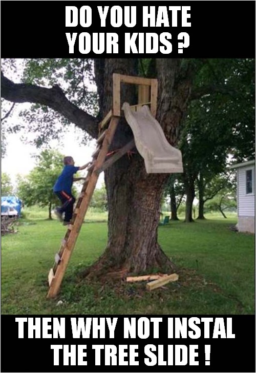 A Bit Of A Drop ? | DO YOU HATE YOUR KIDS ? THE TREE SLIDE ! THEN WHY NOT INSTAL | image tagged in tree,slide,injury | made w/ Imgflip meme maker