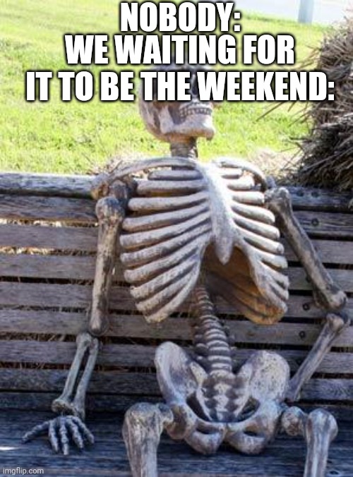 I wish it was the weekend | NOBODY:; WE WAITING FOR IT TO BE THE WEEKEND: | image tagged in memes,waiting skeleton,weekend | made w/ Imgflip meme maker