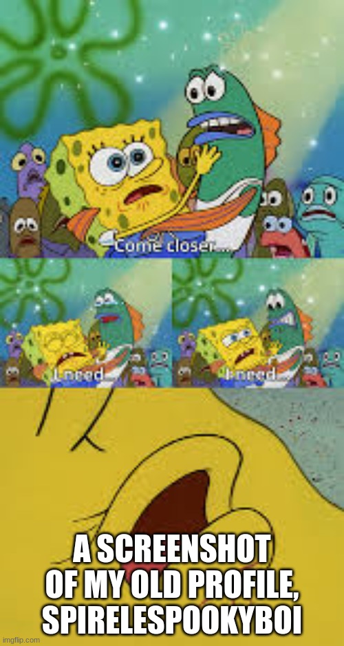 Spongebob i need | A SCREENSHOT OF MY OLD PROFILE, SPIRELESPOOKYBOI | image tagged in spongebob i need | made w/ Imgflip meme maker