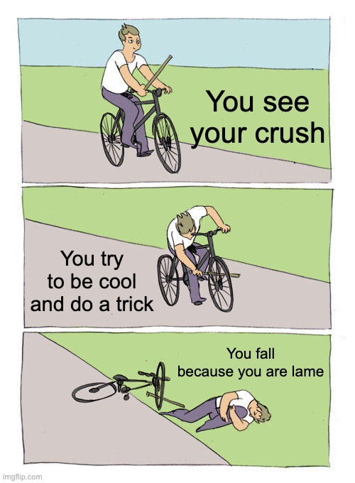 When you see your crush | You see your crush; You try to be cool and do a trick; You fall because you are lame | image tagged in memes,bike fall | made w/ Imgflip meme maker