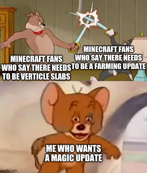 Magic update please | MINECRAFT FANS WHO SAY THERE NEEDS TO BE A FARMING UPDATE; MINECRAFT FANS WHO SAY THERE NEEDS TO BE VERTICLE SLABS; ME WHO WANTS A MAGIC UPDATE | image tagged in tom and spike fighting,minecraft,gaming,meme,clean meme | made w/ Imgflip meme maker