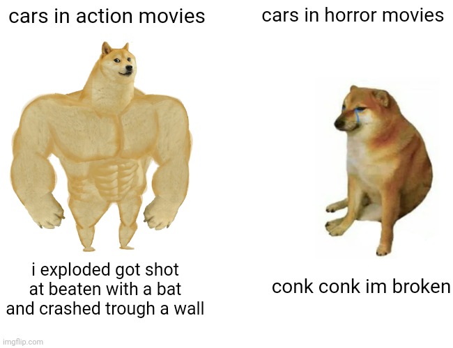 Buff Doge vs. Cheems Meme | cars in action movies; cars in horror movies; conk conk im broken; i exploded got shot at beaten with a bat and crashed trough a wall | image tagged in memes,buff doge vs cheems | made w/ Imgflip meme maker