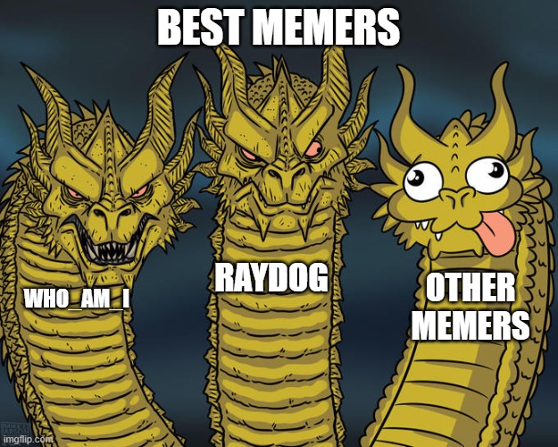 Best Memers | BEST MEMERS; RAYDOG; OTHER MEMERS; WHO_AM_I | image tagged in three-headed dragon | made w/ Imgflip meme maker