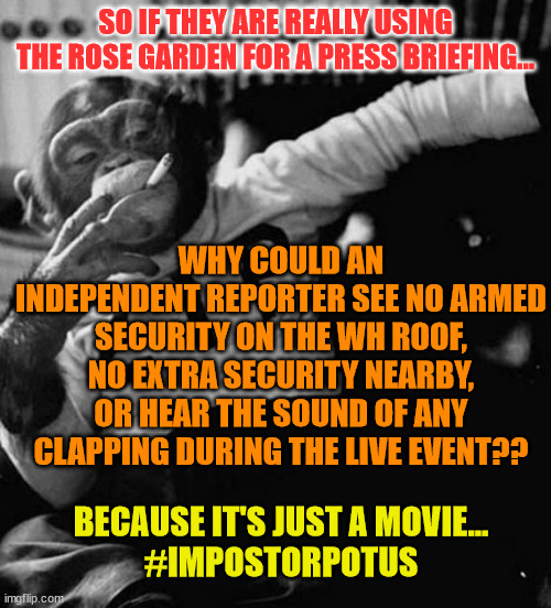 monkey smoke zip | SO IF THEY ARE REALLY USING THE ROSE GARDEN FOR A PRESS BRIEFING... WHY COULD AN INDEPENDENT REPORTER SEE NO ARMED SECURITY ON THE WH ROOF, NO EXTRA SECURITY NEARBY, OR HEAR THE SOUND OF ANY CLAPPING DURING THE LIVE EVENT?? BECAUSE IT'S JUST A MOVIE...
#IMPOSTORPOTUS | image tagged in monkey smoke zip | made w/ Imgflip meme maker