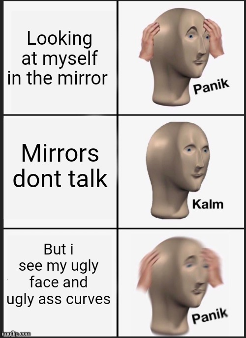 Panik Kalm Panik | Looking at myself in the mirror; Mirrors dont talk; But i see my ugly face and ugly ass curves | image tagged in memes,panik kalm panik | made w/ Imgflip meme maker