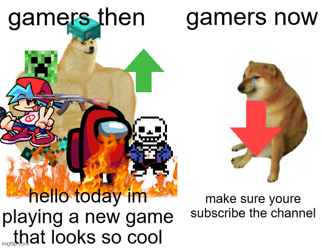 Buff Doge vs. Cheems Meme | gamers then; gamers now; hello today im playing a new game that looks so cool; make sure youre subscribe the channel | image tagged in memes,buff doge vs cheems,gamers,then and now | made w/ Imgflip meme maker