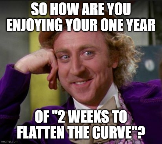 Enjoying your one year of "2 weeks to flatten the curve|? | SO HOW ARE YOU ENJOYING YOUR ONE YEAR; OF "2 WEEKS TO FLATTEN THE CURVE"? | image tagged in condescending wonka | made w/ Imgflip meme maker