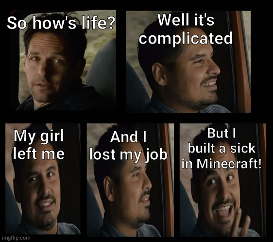 So how's life? | Well it's complicated; So how's life? And I lost my job; But I built a sick in Minecraft! My girl left me | image tagged in memes | made w/ Imgflip meme maker