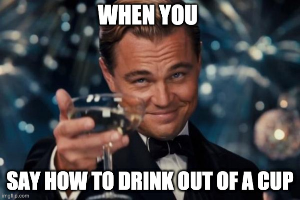 Leonardo Dicaprio Cheers | WHEN YOU; SAY HOW TO DRINK OUT OF A CUP | image tagged in memes,leonardo dicaprio cheers | made w/ Imgflip meme maker