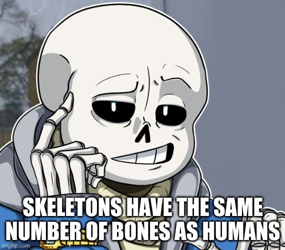 #mindblown | SKELETONS HAVE THE SAME NUMBER OF BONES AS HUMANS | image tagged in memes,funny,sans,undertale,skeleton,bones | made w/ Imgflip meme maker