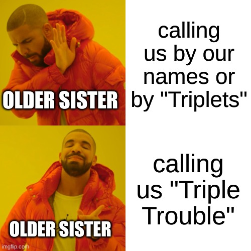 Sometimes it's a blessing and a curse | calling us by our names or by "Triplets"; OLDER SISTER; calling us "Triple Trouble"; OLDER SISTER | image tagged in memes,drake hotline bling,twins | made w/ Imgflip meme maker