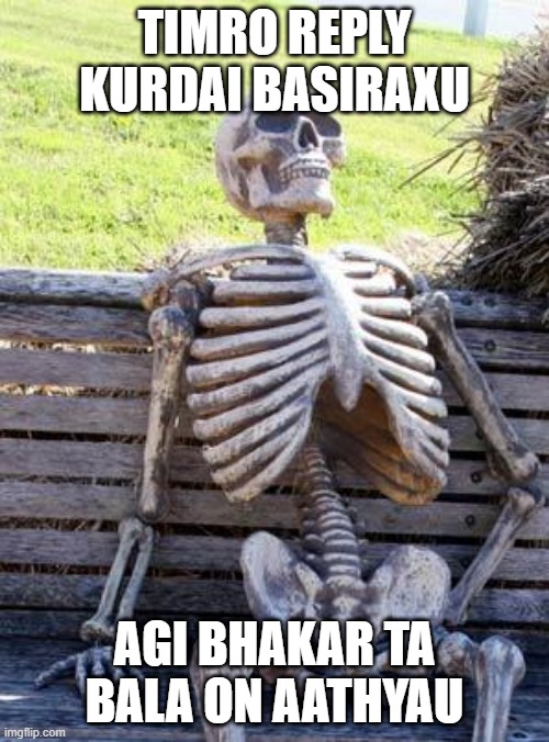 my meme | TIMRO REPLY KURDAI BASIRAXU; AGI BHAKAR TA BALA ON AATHYAU | image tagged in memes,waiting skeleton | made w/ Imgflip meme maker