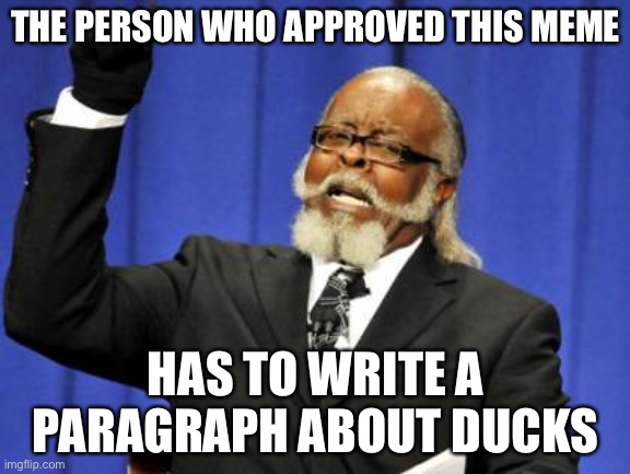 Too Damn High Meme | THE PERSON WHO APPROVED THIS MEME; HAS TO WRITE A PARAGRAPH ABOUT DUCKS | image tagged in memes,too damn high | made w/ Imgflip meme maker