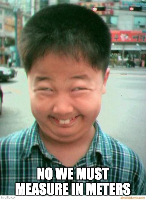 funny asian face | NO WE MUST MEASURE IN METERS | image tagged in funny asian face | made w/ Imgflip meme maker