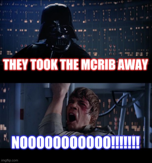 Star Wars No Meme | THEY TOOK THE MCRIB AWAY; NOOOOOOOOOOO!!!!!!! | image tagged in memes,star wars no | made w/ Imgflip meme maker
