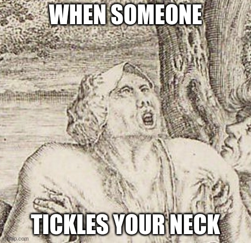 saw this illustration in an online textbook and ran over here | WHEN SOMEONE; TICKLES YOUR NECK | image tagged in tag | made w/ Imgflip meme maker