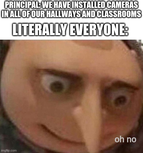 this is an invasion of privacy | PRINCIPAL: WE HAVE INSTALLED CAMERAS IN ALL OF OUR HALLWAYS AND CLASSROOMS; LITERALLY EVERYONE:; oh no | image tagged in gru meme,memes,funny memes,oh no | made w/ Imgflip meme maker