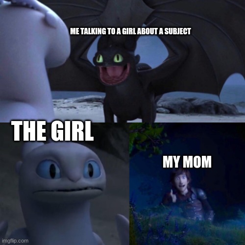 Toothless thumbs up | ME TALKING TO A GIRL ABOUT A SUBJECT; THE GIRL; MY MOM | image tagged in toothless thumbs up | made w/ Imgflip meme maker