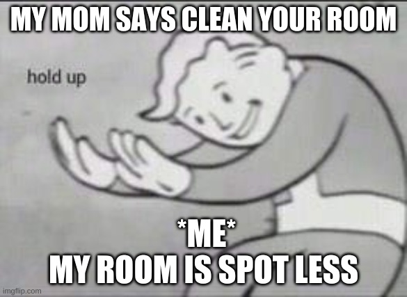 Fallout Hold Up | MY MOM SAYS CLEAN YOUR ROOM; *ME*
MY ROOM IS SPOT LESS | image tagged in fallout hold up | made w/ Imgflip meme maker
