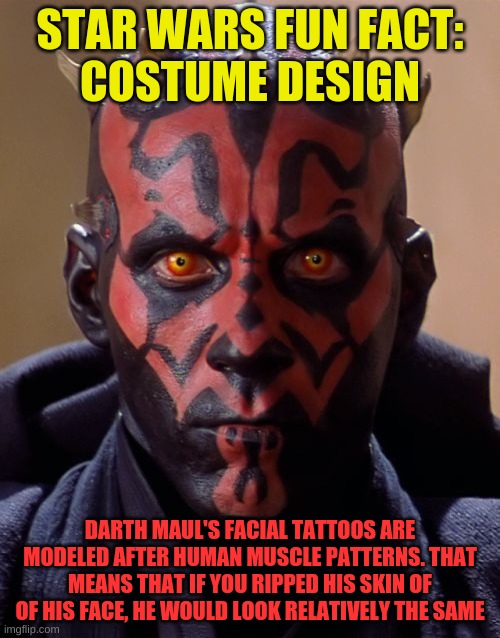 Bonus fact: The Zabrak species had two hearts. If one failed during combat, the other would keep on pumping. | STAR WARS FUN FACT:
COSTUME DESIGN; DARTH MAUL'S FACIAL TATTOOS ARE MODELED AFTER HUMAN MUSCLE PATTERNS. THAT MEANS THAT IF YOU RIPPED HIS SKIN OF OF HIS FACE, HE WOULD LOOK RELATIVELY THE SAME | image tagged in memes,darth maul | made w/ Imgflip meme maker
