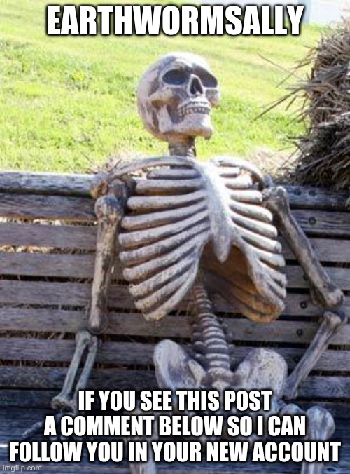 EARTHWORMSALLY | EARTHWORMSALLY; IF YOU SEE THIS POST A COMMENT BELOW SO I CAN FOLLOW YOU IN YOUR NEW ACCOUNT | image tagged in memes,waiting skeleton | made w/ Imgflip meme maker