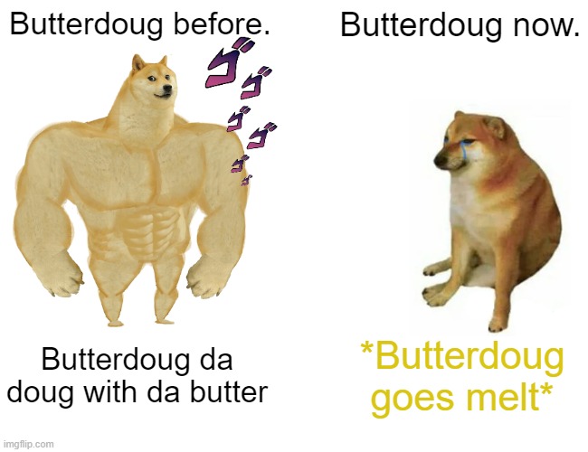 Buff Doge vs. Cheems | Butterdoug before. Butterdoug now. Butterdoug da doug with da butter; *Butterdoug goes melt* | image tagged in memes,buff doge vs cheems | made w/ Imgflip meme maker