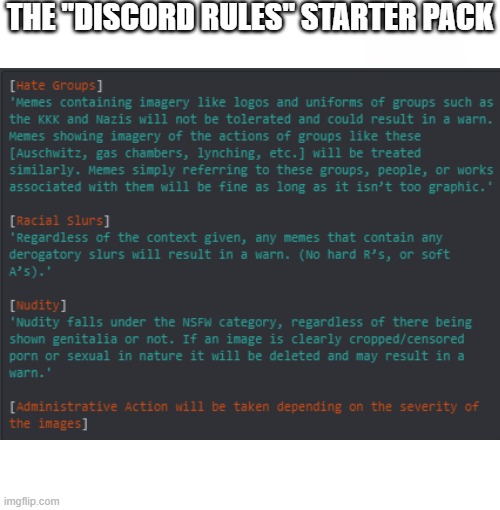 the "discord rules" starter pack | THE "DISCORD RULES" STARTER PACK | image tagged in discord,rules | made w/ Imgflip meme maker