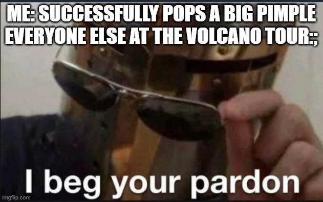 why is the pus hotter than normal? | ME: SUCCESSFULLY POPS A BIG PIMPLE
EVERYONE ELSE AT THE VOLCANO TOUR:; | image tagged in i beg your pardon,eww,memes,hold up,funny | made w/ Imgflip meme maker
