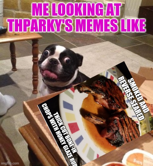 Hungry Pizza Dog | ME LOOKING AT THPARKY'S MEMES LIKE | image tagged in hungry pizza dog | made w/ Imgflip meme maker